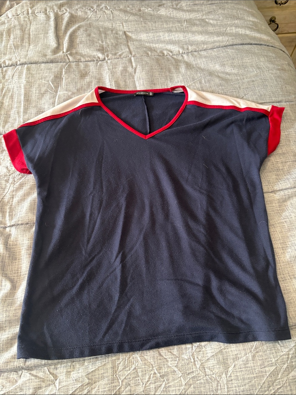 Staccato Navy Short Sleeve V-Neck Top with Red & Cream Accents